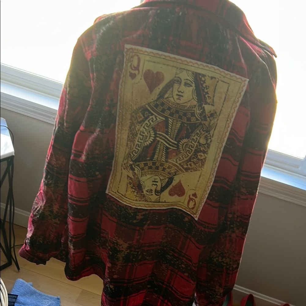 Red Plaid Button Down Shirt with Playing Card Design